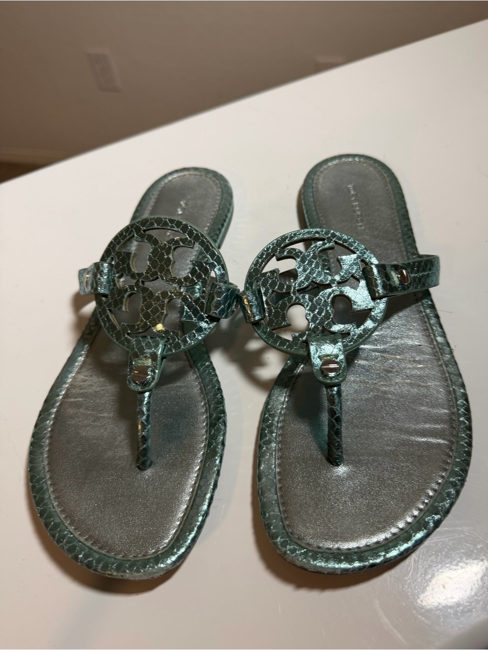 Tory Burch Miller Metallic Python Embossed Leather Sandals 8